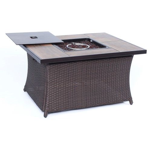 Hanover Woven Coffee Table Fire Pit with Wood Grain Tile Top and Lid